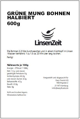 LinsenZeit - Grüne Mung Bohnen halbiert 600g - Mung Dal Chilka - Großartige Proteinquelle – Vegan, ohne Zusatzstoffe & Premium Qualität