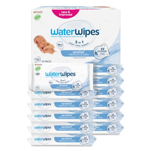WaterWipes Sensitive+ Newborn & Baby Wipes 720 Count (12 Packs) 3-In-1 Cleans Cares Protects 99.9% Water Unscented