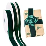 Cheriswelry 3ロール ベルベットリボン 3/8-1インチ 片面ベルベットリボン クリスマスリボンギフトラッピング ウェディングパーティー ホームデコレーション用 (ダークグリーン)