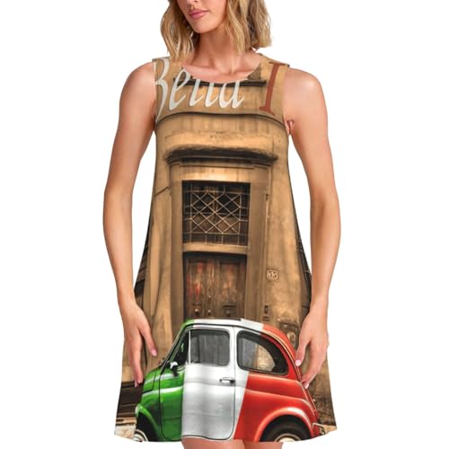 Hermoso vestido casual de verano con estampado italiano para mujer, vestido de chaleco, falda de vacaciones en la playa, vestido redondo sin mangas de moda, Negro, S
