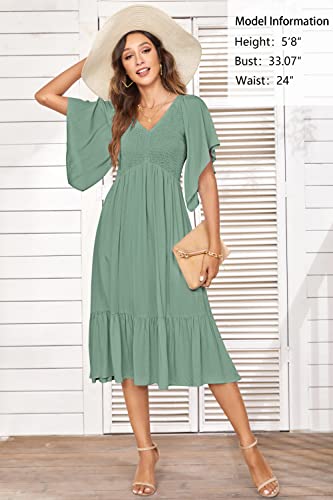 Pygfemr Women's 2023 Summer Dresses Empire Waist Smocked Flutter Short Sleeve V Neck Midi Dresses Gray Green X Large #TOP1