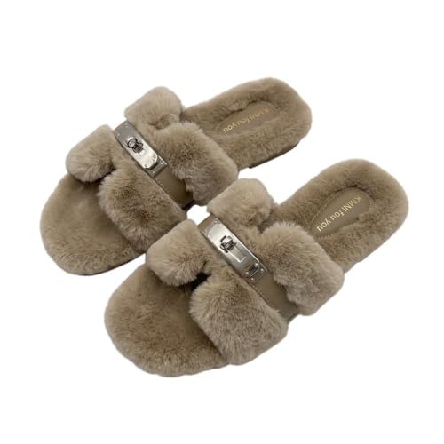 SU YING KE Women Faux Fur Slides Lock Buckle Sandals