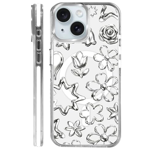 Coque iPhone 15 transparente rigide compatible MagSafe motif fleurs
