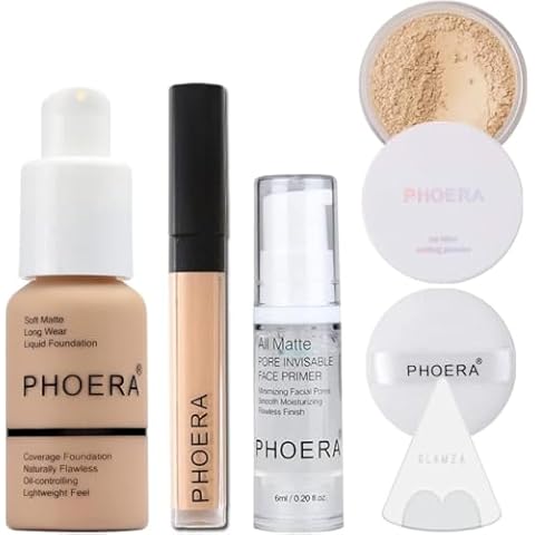 Glamza Full Coverage Makeup Set with Foundation (102 Nude), Concealer Stick (102 Neutral), Primer Gel, Setting Powder, Make Up Pad & Sponge - Complete Face Cosmetics Kit for Women Cover
