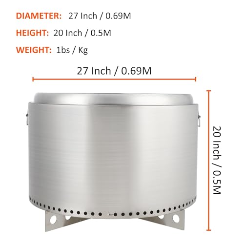 27 Inch Smokeless Fire Pit, Portable Stainless Steel Outdoor Fireplace - 360° Airflow Technology and Removable Ash Pan, Ideal for 6 or More People