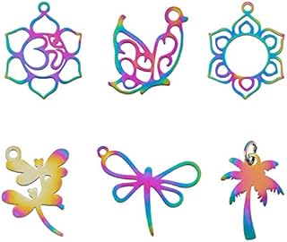 UNICRAFTALE 6 Styles 12pcs Rainbow Color Dragonfly Charms Butterfly Pendants Coconut Tree Charms Stainless Steel Earring Pendants Metal Charms for Bracelets Jewelry Making DIY 15-24mm