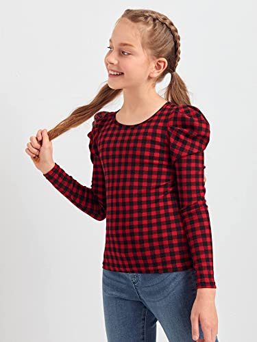Image of Milumia Girl's Gingham Plaid Puff Sleeve Blouse Round Neck Casual School Shirt Top Red 10 Years