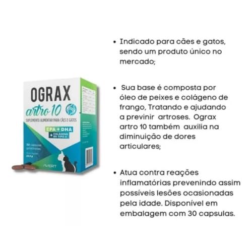 Suplemento Ograx Artro 10 Reforço Alimentar Para Cães e Gatos Avert - 30 Cápsulas