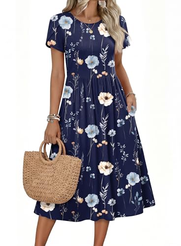 Zeagoo Womens Modest Summer Dresses Floral Midi Tshirt Sundress Casual Loose Long Flowy A Line Short Sleeve Sundresses with Pockets Vocation Beach Navy Print