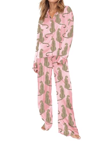 Image of SHESHOW Satin Pajamas Set for Women Set Long Sleeve Button Down Pjs Sets 2 Piece Loungewear Animal Sleepwear XS-XXL