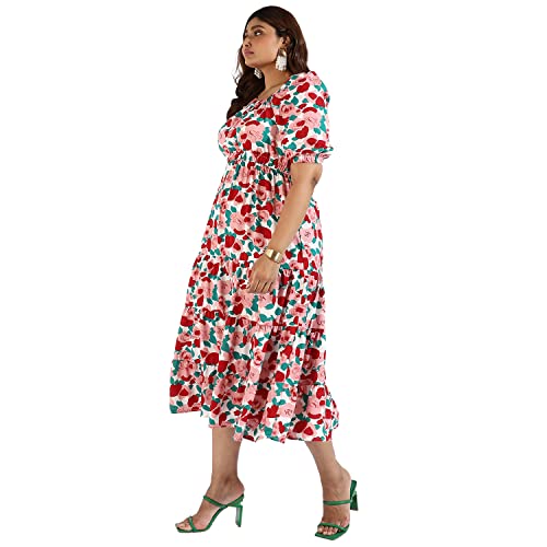 Image of Instafab Plus Women's Multicolour Printed Midi Length Short Sleeve Regular Fit Wrap Dress for Casual Wear | Modern Clothing Dress Crafted with Comfort Fit for Everyday Wear, 3XL
