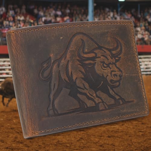 MARSHAL Men’s Cowboy Western Wallet RFID Blocking Vinatge Leather Bifold with Charging Bull Design (Brown)4