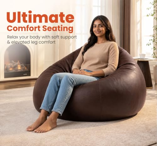 Image of Sattva Classic 3XL Sofa Style Bean Bag Chair with Beans Filled | Faux Leather Bin Bags for Adults | Chair Style Beanbags with Beans Filling | Pre-Filled Beans Bag for Home & Office (Dark Brown)