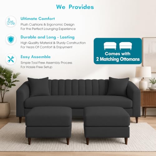 Image of Doraldo 3 Seater Sofa Set with 2 Ottoman for Living Room (Black) Premium Fabric Sofa