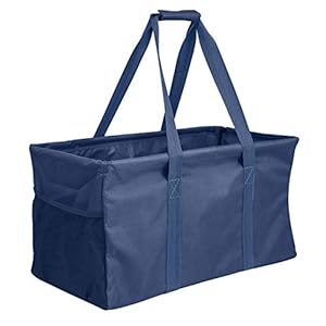 Extra Large Utility Tote Bag – Oversized Collapsible Reusable Wire Frame Rectangular Canvas Basket With Two Exterior Pockets For Beach, Pool, Laundry, Car Trunk, Storage – Navy Blue