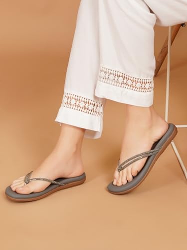 Image of JM LOOKS Elegant Embellished Shimmer Strap Flip Flops Comfortable Lightweight Daily Wear Flat Sandals For Women