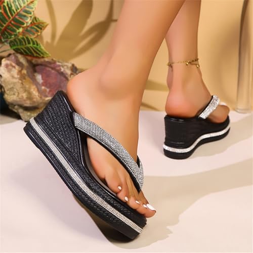 Womens Dressy Rhinestone Wedge Platform Flip Flops Glitter Slip On Clip-Toe Slippers Casual Anti-Slip Beach Walking Slipper Shoes4