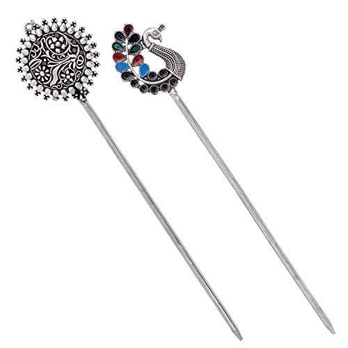 Ethnic Style Silver Oxidised Metal Hair Bun Stick for Women-image-22