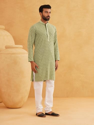 Image of SOJANYA (Since 1958 Men's Cotton Gold Embroidered Sequinned Kurta With white churidar Pyjama