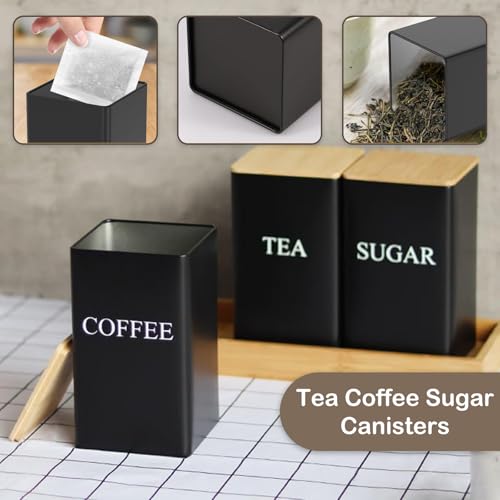 Eidoct Tea Sugar And Coffee Canisters Set 1L Vintage Kitchen Canister Set Tea Coffee Sugar 3 Piece Of Metal Canister Storage Jar Container Set With Airtight Bamboo Lid (Square Black) - 3