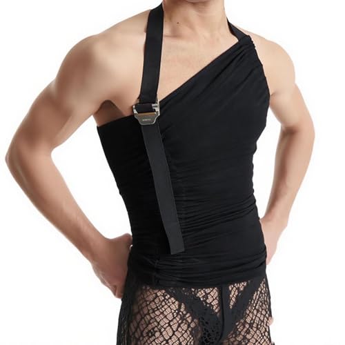 Cambkatl Men's Knit Sleeveless Tank Tops Sexy Cut Out Asymmetrical Skew Neck Halter Clubwear Ves Shirts