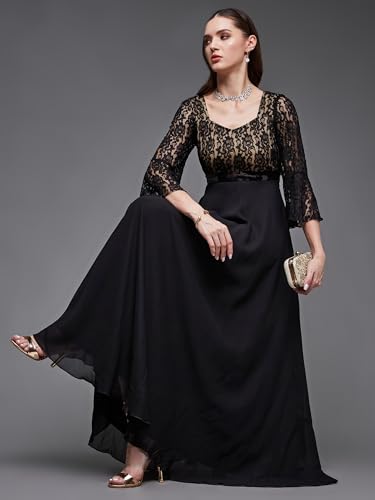 Image of Miss Chase Women's Round Neck Cap Sleeves Lace Knee -Long Skater Dress