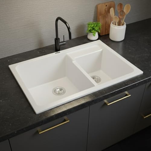 Image of ARQUIN Double Bowl Quartz Kitchen Sink 31x18x9 Inch White | Durable & Scratch-Resistant Sink | Undermount,Topmount | Including Coupling,Sink Connector,Waste Pipe & Fruit Washing Basket