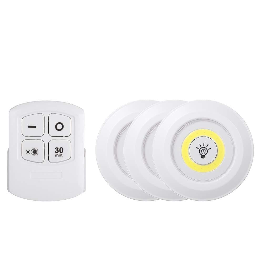 4.5v 1W COB LED Puck Light 3 Pack with Remote Controller Brightness Adjustable Wireless Dimmable Touch Sensor Control Night Lamp Under Cabinet Lighting Battery Powered Operated for Cabinet Wall