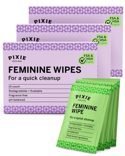 Image of Pixie Feminine Wipes - Flushable, Biodegradable, & Ph Balanced - Individually Wrapped Packet Wipes for On The Go & Public Bathrooms - Wash & Cleaner For Your Menstrual Cups & Discs (3 Pack of 10)