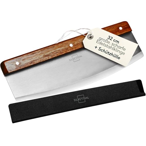 SILBERTHAL Pizzaschneider - 32cm Edelstahl Klinge - Eleganter Griff aus Akazienholz - Pizzamesser inklusive Klingenschutz