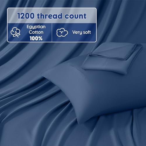 Image of SONORO KATE 100% Egyptian Cotton Sheets,1200 Series,Cal King Size | Soft Breathable & Cooling LuxuryHotel Cotton,Sateen Weave for Soft Feel,Fits Upto 16 inch Mattress,4PC,Navy Blue