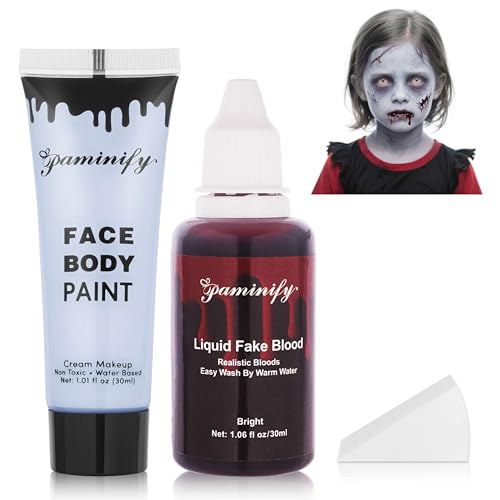 Paminify Halloween Zombie Makeup Kit,1.01oz Zombie Grey Blue Face Body Paint and 30ml Washable Dripping Fake Blood with sponge,Light Gray Face Painting SFX Cream Makeup with Stage Blood for Vampires