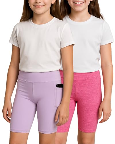 dELiA*s Girls Bike Shorts - 2 Pack Athletic Compression High Waisted Biker Shorts for Girls for Dance Yoga Gymnastics (7-16), Size 10-12, Purple/Space Dye