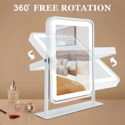 Small Desk Mirror with Lights, Lighted Makeup Mirror with Light, Portable Tabletop Make Up Mirror for Desk, Vanity Mirror with Lights,Smart Touch Control, Dual Power Supply, 360°Rotation