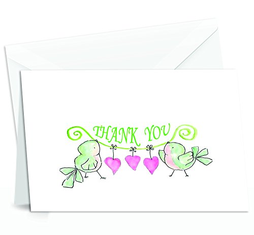 Amazing Thank You Cards With Envelopes - 4X7 Inches Of 50 White Card Notes With Blank Greeting Space - For Greetings, Business, Anniversary, Graduation, Wedding - Adorable Birds And Hearts Design #TOP10