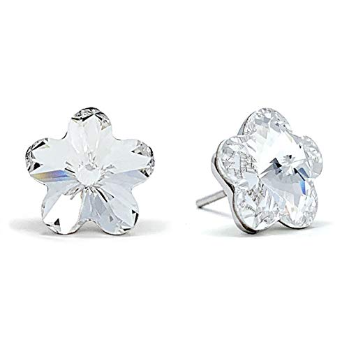 Ed Heart Women's Stud Earrings with Flower Clear White Crystals from Swarovski Rhodium Plated