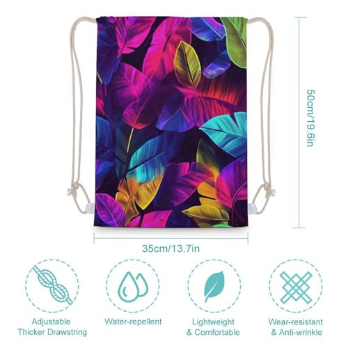 Neon Colors Tropical Leaves Drawstring Backpack Canvas String Bag Lightweight Sports Gym Bag for Men Women2