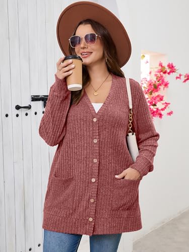 AusLook Plus Size Women Cardigan Long Sleeve Open Front Button Down Lightweight Casual Sweater with Pockets 1X-5X3