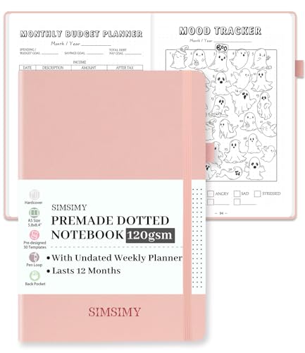 SIMSIMY Vorgefertigtes Bullet Dotted Journal Notizbuch, vorgefertigtes Punktraster Journaling mit undatiertem Wochen- und Monatsplaner, verschiedene Tracker, 12-Monats-Organisation, A5,