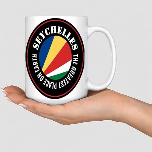 Wodevor Tasse à café « The Greatest Place on Earth Seychelles » de 445 ml avec drapeau national - Cadeau nautique amusant - Cadeau pour amis, collègues, patron, employé - Adultes - Blanc