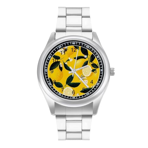 Lemon and Bees - Reloj de pulsera analógico de cuarzo para hombre, acero inoxidable, estilo casual de lujo