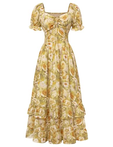Image of Scarlet Darkness Women Floral Maxi Dress Puff Sleeve Tea Party Corset Dress | Pockets, Ruched Bust, Ruffled Hem, for Cottagecore Fairy Milkmaid Vacation