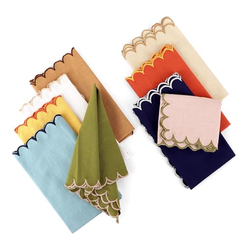 Image of FINGERCRAFT Scallop Edge Cloth Napkins | Set of 6 | 20x20 Inches | 100% Cotton | Table Napkins for Any Occasion | Washable, Perfect for Parties and Everyday Use (Olive Slub, Set of 6)