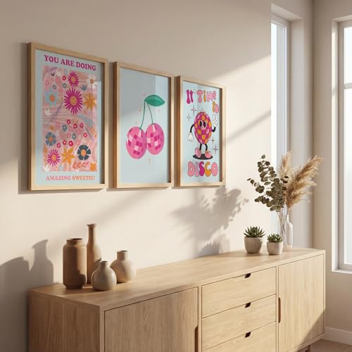 Image of NoWorries Retro Disco Wall Framed Painting Set | Cherry, Disco Art & Positive Quote Posters Frames | Premium 300 GSM Paper Print with Synthetic Wooden Frame | Aesthetic Wall Decor For Hotel,Cafe,Bar Living Room & Bedroom (Pattern-illustration) (Set of 3) (NATURAL, ART-4, 13X19INCHES)