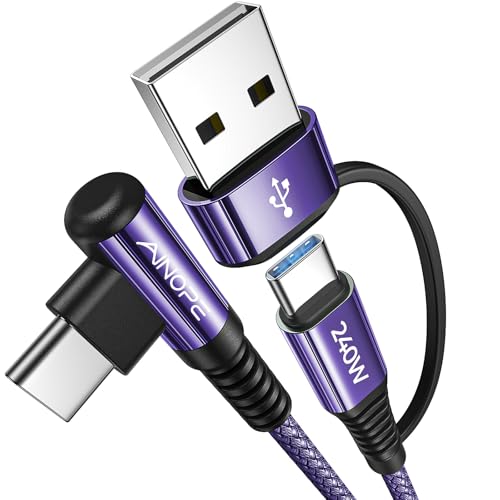 Image of AINOPE 240W Long USB C Cable Multi 4 in 1 Charging Cable Fast Charging C Type Charger Fast Charge USB to USB C,Right Angle Fit iPhone 16 15 Pro Max iPad Samsung 10FT Purple