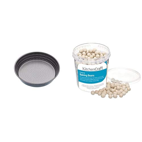 MasterClass KitchenCraft Crusty Bake Non-stick Pie Pan/Tart Tin, Grey, 23 cm & Ceramic Baking Beans for Pastry, 500 g (1 lb)