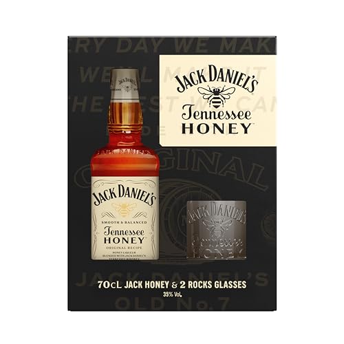 Jack Daniel's Coffret Honey 70cl accompagné de 2 Verres de dégustation 35% – Whisky Américain Premium - Alliance du Whisky Jack Daniel's et d’Une Liqueur de Miel - Riche en Arômes de Vanille, Caramel