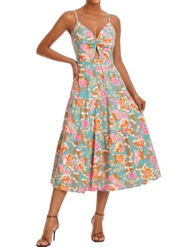 Image of Angashion Women's Dresses-Summer Floral Bohemian Spaghetti Strap Button Down Swing Midi Dress