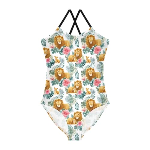 Lion Tropical Leave Flower Girls One Piece Swimsuits Summer Quick Dry Beach Bathing Suit