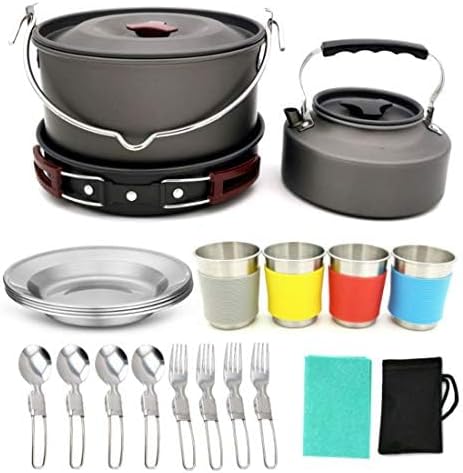Bisgear Family Camping Cookware Hanging Pot Pan Kettle Mess Kit - Camping Cooking Accessories Set with 4 Cups Dishes Cutlery - Camping Pots and Pans Set Backpacking Survial Gear
